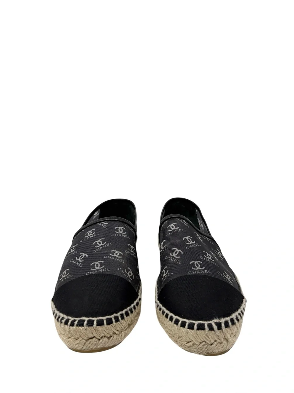 Chanel CC Monogram Logo Black Mesh Grosgrain Cap Toe Espadrilles Size 41